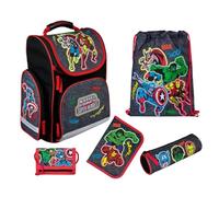 Undercover Schulranzen Set 1. Klasse, Personalisierter Inhalt mit Name, Schultasche Jungen Grundschule, Avengers Superhelden Schwarz