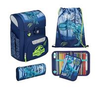 Undercover Schulranzen Set 5-TLG. Jungen 1. Klasse, Mit personalisiertem Zubehör Turnbeutel Federmappe für Grundschule, Schultasche Jurassic World Dinosaurier, 19L Blau