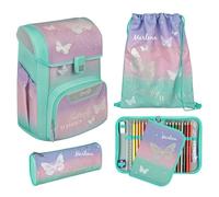 Undercover Schulranzen Set 5-TLG. Mädchen 1. Klasse, Mit personalisiertem Zubehör Turnbeutel Federmappe für Grundschule, Schultasche Schmetterling Butterfly Wishes