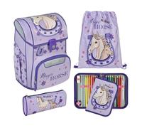 Undercover Schulranzen Set 5-TLG. Mädchen 1. Klasse, Mit personalisiertem Zubehör Turnbeutel Federmappe für Grundschule, Schultasche Pferd Magic Horse, 19L Flieder