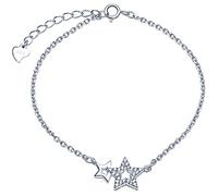Unendlich U Fashion Doppel Sterne Damen Armband 925 Sterling Silber Zirkonia Armkette Verstellbar Charm Armkettchen Armreif, Silber