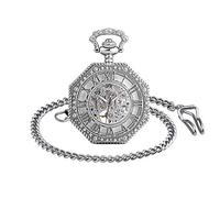 Unendlich U Herren Römische Ziffern Skala Taschenuhr mit Halskette Analog Handaufzug Skelett Unisex Retro Mechanische Kettenuhr