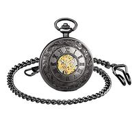 Unendlich U Herren Unisex Fashion Retro Handaufzug Mechanische Taschenuhr Römische Ziffern Duale Zeitanzeigen Hohle Skelett Kettenuhr Pullover Halskette Geschenk für Weihnachten Vatertag