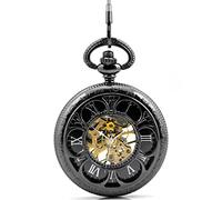 Unendlich U Vintage Retro Handaufzug Mechanische Taschenuhr 6 Blütenblätter Hohle Skelett Kettenuhr Pullover Halskette Schwarz