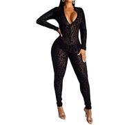 Uni Clau Damen-Jumpsuit, durchsichtig, figurbetont, tiefer V-Ausschnitt - Schwarz - Mittel