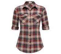 UNibelle Karierte Hemden Damen Langarm Trachtenhemd Holzfällerhemd Bluse Knopfleiste V-Ausschnitt Trachtenbluse 3/4 Ärmeln Oktoberfest Hemdbluse Casual Karo Hemd Schwarz/Rot M