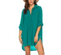 UNibelle Strandkleid Damen Bikini Cover Up Tunika Bluse Strandkleid Damen Shirt Strandponcho Sommer Cuffed Sleeve Shirts Tops, Darkcyan, L