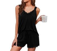 Uniexcosm Kurzer Schlafanzug Damen Pyjama Set Kurz Baumwolle Zweiteiliger Nachtwäsche Ärmelloses Spitze V-Ausschnitt Shirt und Schlafshort Sexy Sleepshirt für Frauen A:Schwarz S