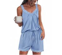 Uniexcosm Kurzer Schlafanzug Damen Pyjama Set Kurz Baumwolle Zweiteiliger Nachtwäsche Ärmelloses Spitze V-Ausschnitt Shirt und Schlafshort Sexy Sleepshirt für Frauen A:Hellblau S