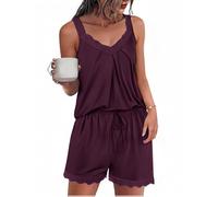 Uniexcosm Kurzer Schlafanzug Damen Pyjama Set Kurz Baumwolle Zweiteiliger Nachtwäsche Ärmelloses Spitze V-Ausschnitt Shirt und Schlafshort Sexy Sleepshirt für Frauen A:Dunkelfuchsia M