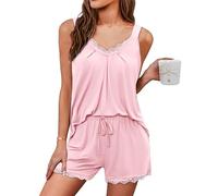 Uniexcosm Kurzer Schlafanzug Damen Pyjama Set Kurz Baumwolle Zweiteiliger Nachtwäsche Ärmelloses Spitze V-Ausschnitt Shirt und Schlafshort Sexy Sleepshirt für Frauen A:Rosa XL