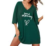 Uniexcosm Nachthemd Damen 3/4 Ärmel Schlafshirt V-Ausschnitt Baumwolle Oversize Nachtwäsche Bedrucktes Sleepshirt Lässige Schlafkleid B:Dunkelgrün XL