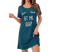 Uniexcosm Nachthemd Damen Kurzarm Süß Schlafshirt Wimperndruck Nachtwäsche mit Rundhals Sommer Soft Sleepshirt A:Kobaltblau M