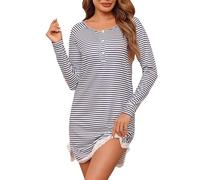 Uniexcosm Nachthemd Damen Langarm Baumwolle Schlafshirt Streifen Nachthemden Sleepshirt Rundhalsausschnitt Nachtwäsche mit Knopfleiste C:Marineblau S