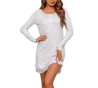 Uniexcosm Nachthemd Damen Langarm Baumwolle Schlafshirt Streifen Nachthemden Sleepshirt Rundhalsausschnitt Nachtwäsche mit Knopfleiste C:Grau M