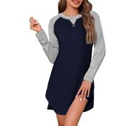 Uniexcosm Nachthemd Damen Langarm Kontrastfarben Schlafshirt Baumwolle Nachthemden für Frauen mit Rundhalsausschnitt Sleepshirt Sleepwear A:Marineblau M
