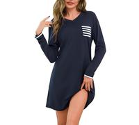 Uniexcosm Nachthemd Damen Langarm Schlafshirt V-Ausschnitt Nachthemden für Frauen Sleepwear Loose Fit Sleepshirt mit Gestreifte Brusttasche Grün XL D:Marineblau S