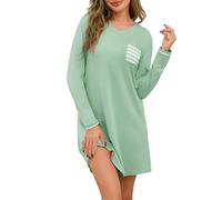 Uniexcosm Nachthemd Damen Langarm Schlafshirt V-Ausschnitt Nachthemden für Frauen Sleepwear Loose Fit Sleepshirt mit Gestreifte Brusttasche Grün XL