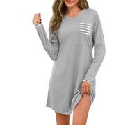 Uniexcosm Nachthemd Damen Langarm Schlafshirt V-Ausschnitt Nachthemden für Frauen Sleepwear Loose Fit Sleepshirt mit Gestreifte Brusttasche Grün XL D:Hellgrau XXL