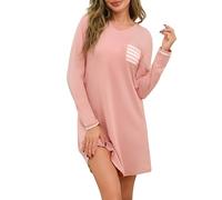 Uniexcosm Nachthemd Damen Langarm Schlafshirt V-Ausschnitt Nachthemden für Frauen Sleepwear Loose Fit Sleepshirt mit Gestreifte Brusttasche Grün XL D:Rosa S