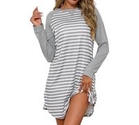 Uniexcosm Nachthemd Damen Langarm Streifenkontrast Schlafshirt Baumwolle Nachthemden für Frauen mit Rundhalsausschnitt Sleepshirt Sleepwear B:Hellgrau-1 L