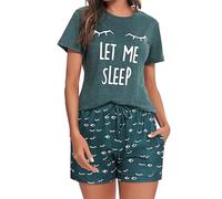 Uniexcosm Schlafanzug Damen Kurz Baumwolle Zweiteiliger Pyjama Set Kurzarm Nachtwäsche Wimperndruck Sleepwear Hausanzug Loungewear Stil 1:Dunkelgrün XXL