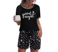 Uniexcosm Schlafanzug Damen Kurz Pyjama Set Baumwolle Zweiteiliger Nachtwäsche Kurzarm Rundhals Sternen und Mondmustern Sleepshirt und Pyjamahose Sleepwear Hausanzug Stil 2:Dunkelschwarz M