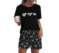 Uniexcosm Schlafanzug Damen Kurz Zweiteiler Pyjama Set Baumwolle Nachtwäsche Löwenzahnmuster Oberteil und Polka Dot Schlafshort Sleepshirt für Sommer Schwarz-2 M