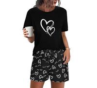 Uniexcosm Schlafanzug Damen Kurz Zweiteiler Pyjama Set Baumwolle Nachtwäsche Löwenzahnmuster Oberteil und Polka Dot Schlafshort Sleepshirt für Sommer Schwarz-1 L