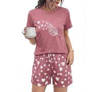 Uniexcosm Schlafanzug Damen Kurz Zweiteiler Pyjama Set Baumwolle Nachtwäsche Löwenzahnmuster Oberteil und Polka Dot Schlafshort Sleepshirt für Sommer A:Rosa XL