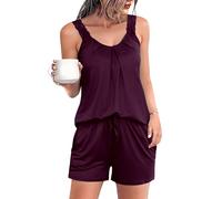 Uniexcosm Schlafanzug Damen Kurz Zweiteiliger Sommer Ärmellos Spitzenträger Pyjama Shorty Baumwolle V-Ausschnitt Shirt und Schlafshort Sexy Sleepshirt für Frauen B:Dunkelfuchsia M