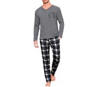 Uniexcosm Schlafanzug Herren Lang Kariert Pyjama Set Zweiteiler Nachtwäsche V-Ausschnitt Langarm Oberteil und Pyjamahose Sleepwear Schlafanzüge für Männer A:Dunkelgrau-1 XXL