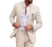 UNINUKOO Leinenanzug für Herren, Sommer, Hochzeit, 2-teiliges Anzug-Set, Spitzrevers, lässige Blazer-Hose, Strandkleidung für Herren, Beige, L