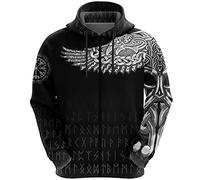 Unisex 3D Druck Rabe Kapuzenpullover Hoodie Sweatshirt, Nordischen Wikinger Schutzengel Flügel Odin Rune Tattoo Pullover Casual Harajuku Streetwear,Zipper Black,4XL