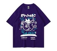 Unisex Cartoon-T-Shirts Harajuku Kawaii Katze Brief gedruckt Kurzarm T-Shirts Paar lose Kleidung Y2K Tops, Dunkles Violett, M