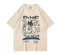 Unisex Cartoon-T-Shirts Harajuku Kawaii Katze Brief gedruckt Kurzarm T-Shirts Paar lose Kleidung Y2K Tops, Khaki, M