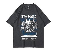 Unisex Cartoon-T-Shirts Harajuku Kawaii Katze Brief gedruckt Kurzarm T-Shirts Paar lose Kleidung Y2K Tops, Dunkel_Grau, S