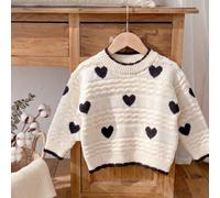 Unisex Kinder Beige Wellenstruktur Herz Strickpullover, schwarzer Kontrast Saum Pullover Top