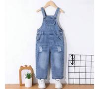 Unisex Kleinkind Latzhose aus Jeans, hellblau vintage Farbe, lässiger & bequemer Retro Stil, verstellbarer Träger + Seitenschnalle, abgenutzte Beindes