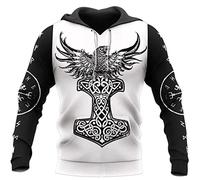 Unisex Rabe Thor's Hammer Hoodie, 3D Gedruckter Nordischer Wikinger Mjolnir Baum des Lebens Tattoos Pullover Sweatshirt, Lässige Mode Harajuku Streetwear,Hoodie Black,4XL
