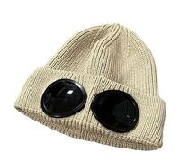 Unisex Solid Color Goggle Lens Design Beanie Hat, Knitted Warm Hat, Beanie Winter Hat with Goggles (Beige,Free Size)