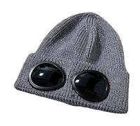 Unisex Solid Color Goggle Lens Design Beanie Hat, Knitted Warm Hat, Beanie Winter Hat with Goggles (Gray,Free Size)