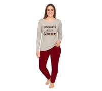 United Labels Harry Potter Schlafanzug für Damen lang, Beige Rot, Hogwarts is My Home, Pyjama Set aus Langarmshirt und Hose, Frauen Schlafanzug