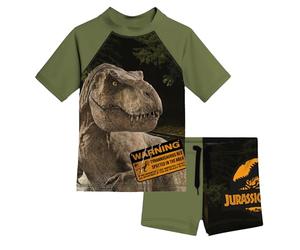 United Labels Jurassic World Badeanzug zweiteilig UV Schutz 30 für Jungen, Grün, 98/104, Bademode Kinder mit Shirt und Badehose, Badebekleidung