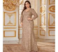 UNITHORSE Damen Abendkleid in Große Größen, elegantes Maxikleid mit V-Ausschnitt, Pailletten, langen Ärmeln, Rüschen an der Taille, glänzend, für Brau