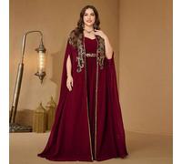 UNITHORSE Große Größen V-Ausschnitt Stark besticktes extra langes ausgestelltes Ärmel Schwarz Chiffon Kleid