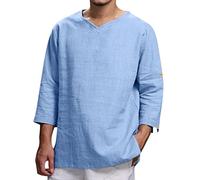 Unterhemden Herren Nachthemd Herrenunterhemdem Weiß MäNner ÜBergrößE Einfarbig Leinenhemd 3/4 ÄRmel V Ausschnitt T Shirts LäSsige Loose Basic Leinen Shirt Herren Kurzarm (Blau, L)