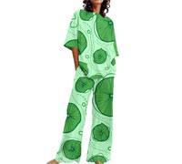 Unterkleid Damen -Outfits für Damen, 2-teiliges Set aus Baumwollleinen, übergroße T-Shirts und gerade geschnittene Hose, Trainingsanzug in Übergröße Frauen Schlafanzug Sexy Set Sexy (Green, L)