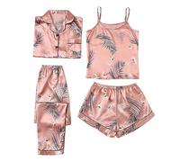 Unterkleid Damen Sexy Satin-Nachtwäsche-Set für Damen, 4-teilig, Heimkostüm, Pyjama-Set, Dessous, unbekleidete Nachtwäsche Damen Schlafanzüge Schlafanzug Damen Frottee (Orange, XL)