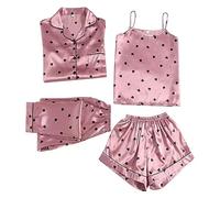 Unterkleid Damen Sexy Satin-Nachtwäsche-Set für Damen, 4-teilig, Heimkostüm, Pyjama-Set, Dessous, unbekleidete Nachtwäsche Damen Schlafanzüge Schlafanzug Damen Frottee (Watermelon Red, M)